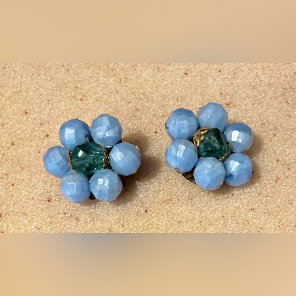 Blue Floral Cluster Earrings with Marbled Beads